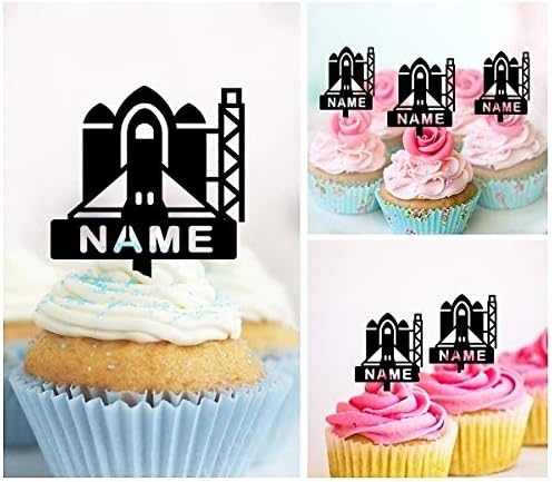 TA0424 Spaceship Launch pad Silhouette Party Wedding Birthday Acrylic Cupcake Toppers Decor 10 pcs with Personalized Your Name