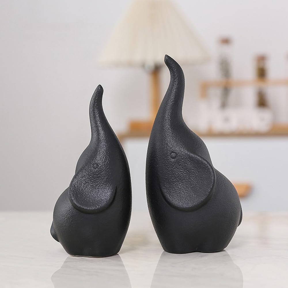 Hosoncovy Ceramic Loving Elephant Statue Set of 2, Couple Elephants Ornaments Home Accessories Decorative Elephant Figurines Animals Figurine Porcelain Sculptures Birthday Presents (Black)