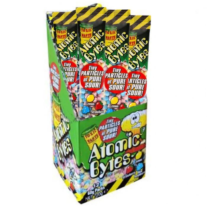 Toxic WasteAtomic Bytes Atomz Tiny Super Sour Millions Balls Hazardously Tangy Candy Sweets 60g- Lemon, Strawberry Blue Raspberry - 12 Packs