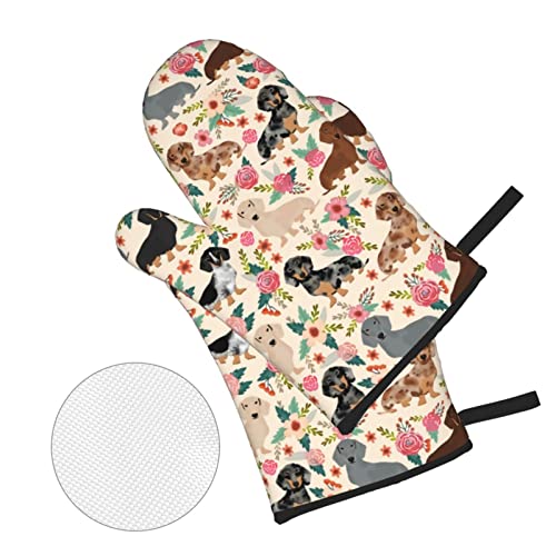 Florals Dachshund Oven Mitts And Pot Holders Heat Resistant 4 Pcs Sets Waterproof Non-Slip For Bbq Cooking Baking Grilling #TOP2