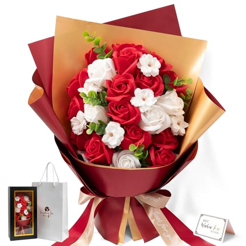 2025年新登場 ハンドメイド ソープフラワー 花束 レッド 専用ギフトボックス入り（手提げ袋・メッセージカード付き） 枯れない高級バラブーケ 母の日 誕生日 記念日 贈り物に最適