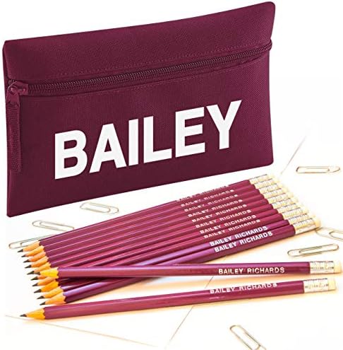 Zip Pencil Case with Name and 12 Embossed HB Eraser Tipped Pencils Embossed with Name (Navy Blue)