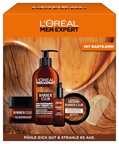 L'Oréal Men Expert Barber-Geschenk-Set für Männer, Geschenkset mit Bartshampoo, Bartbalsam, Bartöl, Pomade & Bartkamm, Barber Club, 1 x 30 ml, 1 x 200 ml, 1 x 75ml, 1 x 50ml