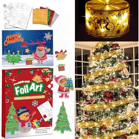 Vloso Christmas Tree Ribbon Lights for Christmas Tree Decorations,Christmas Fun Foil Art Kit for Kids Christmas Gifts Crafts(Warm Light) Cover