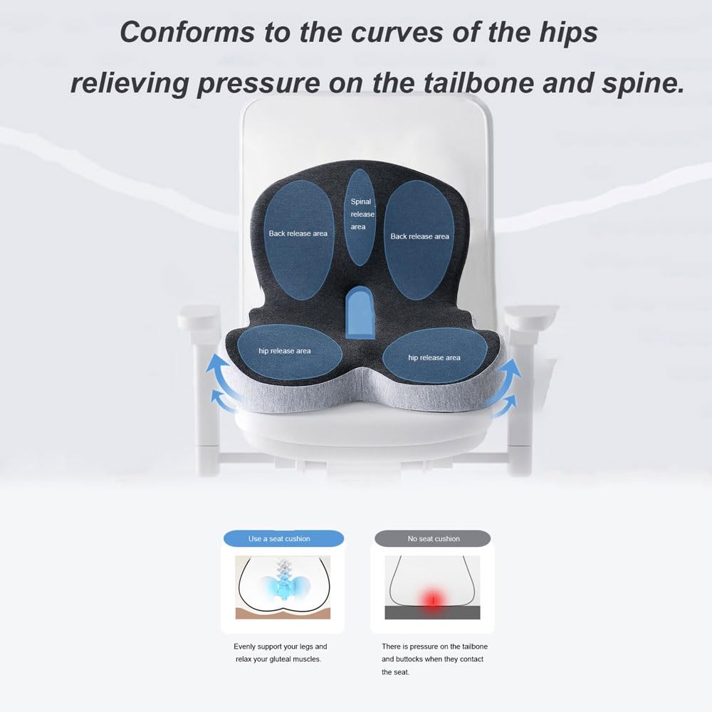 Cojín de Asiento en Forma de L de Espuma con Memoria, Almohadilla Ergonomica Antideslizante para Oficina & Coche con Soporte Lumbar, Diseño de Una Pieza para Estar Sentado Mucho Tiempo(Blue-gray)
