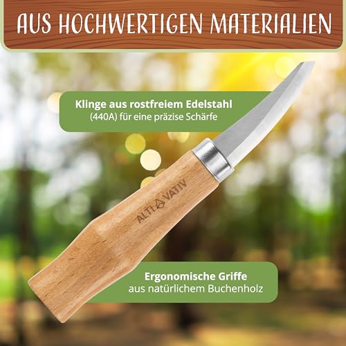 ALTIVATIV - Schnitzwerkzeug - Schnitzset Kinder (18-teilig) - INKL. VIDEOKURS - Holzschnitzwerkzeug Set mit Handschuhe, Schleifset & Tasche zur Aufbewahrung