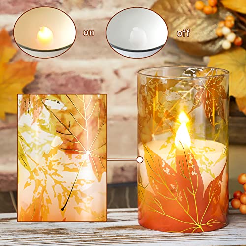 Image of Fall Decor Flameless Candles, Battery Operated with Remote, Maple Leave Glass LED Flickering Candles Realistic Pillar Candles with Timer Home Decor Candles for Thanksgiving, Fall, Halloween