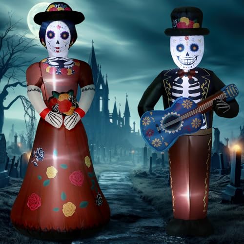 Fourluoo 2 Pcs 4.9 ft Dia De Los Muertos Inflatable Outdoor Decoration Day of The Dead Light up Blow up Sugar Skull Halloween Inflatable Couple Groom and Bride Yard Decoration for Garden Lawn Decor