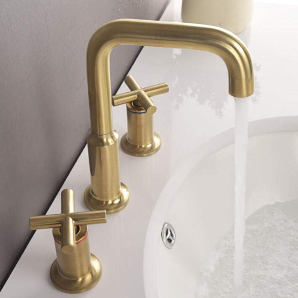 Grifo Lavabo 3 Orificios Oro Cepillado Latón Caliente y Frío Tipo Dividido Grifo Baño Lavabo