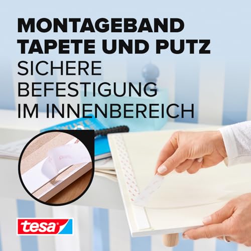 tesa Montageband Tapete&Putz, 10 kg Haltekraft pro Meter - starkes, doppelseitiges Montageklebeband zur Befestigung auf Gips und Tapeten - 5 m x 19 mm