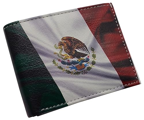 MARSHAL RFID Blocking Printed Mexican Flag Bifold Genuine Leather Mexico Wallet with Gift box for men