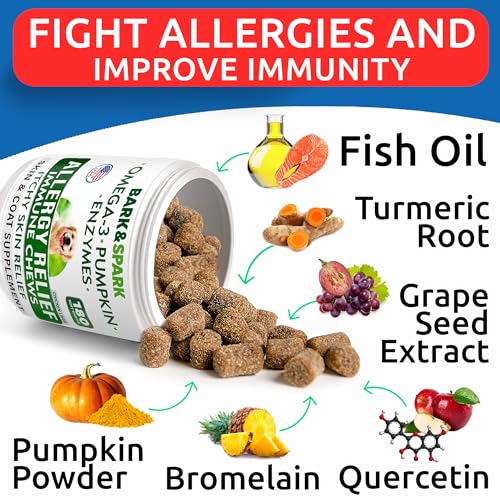 Image of BARK&SPARK Dog Allergy Relief Soft Chews for Skin Health & Seasonal Allergies - Anti-Itch Supplement w /Omega-3, Quercetin & Bromelain Immune Treats for Dry Skin & Hot Spots - Chicken Liver - 360ct