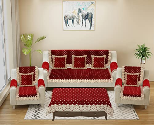 Image of Premium 5 Seater Printed Velvet Sofa Cover Set With Arm Covers & Cushion + Table Cover,3,1,1 Seater 16 Pieces Sofa Back Slip Panels,Premium Stylish Slip Cover Protector,Maroon (Pack Of 18)