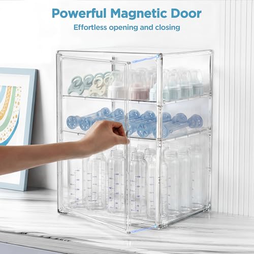 Image of HBlife Baby Bottle Storage Organizer for Countertop Cabinet, 3 Tiers Adjustable Clear Acrylic Bottles Storage Station Case Box Container with 2 Removable Dividers and Magnetic Door, XXL