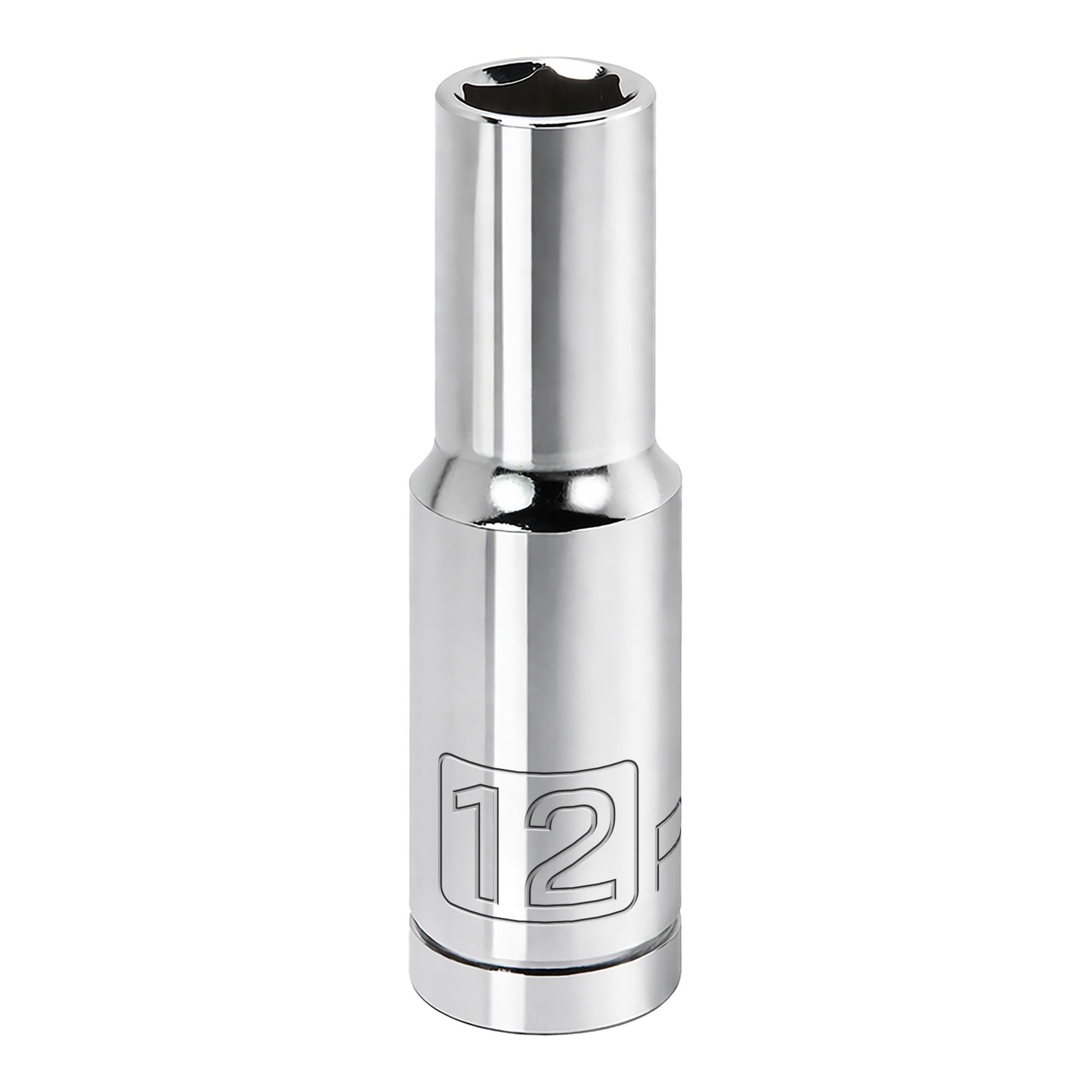 Powerbuilt 1/2 Inch Drive x 12mm Metric Deep Socket, 6 Point, Chrome-Vanadium made, Size Marking - 642219