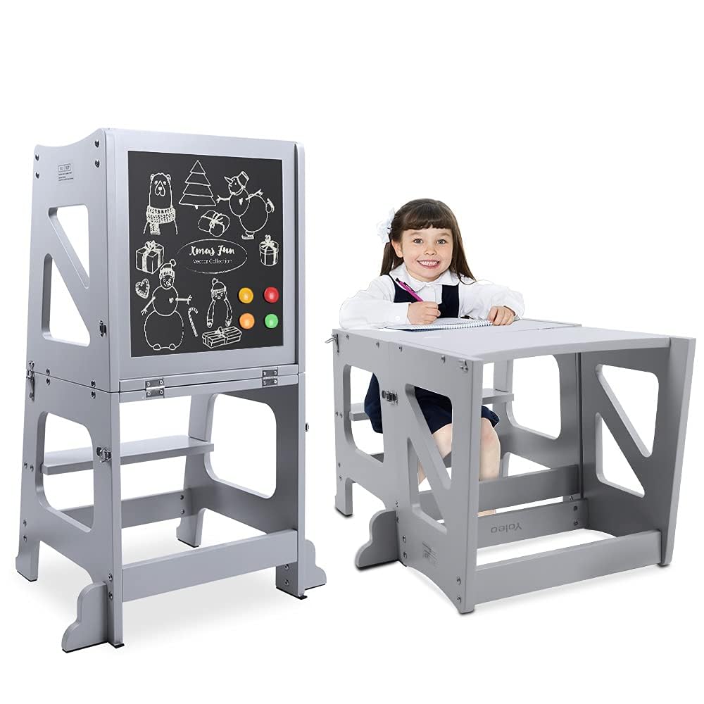 YOLEO Torre Montessoriana Learning Tower Pieghevole, Torre di Apprendimento per Bambini, Pedane Alzabimbo con Lavagna Magnetica Bifacciale, Trasformabile in Banco Scuola (Grigio)