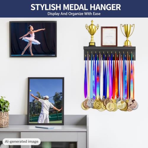 Image of Medal Holder Display Trophy Shelf Organizer, Sturdy Wooden Race Award Hanger Rack with 25 Steel Hooks, Wall Mount Storage Stand for Sports Fans, Cheer Success