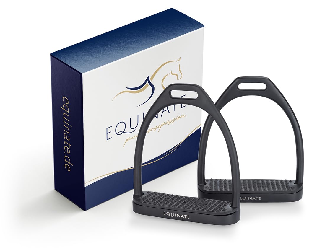 Equinate Steigbügel Midway 12cm Schwarz Matt - Mit Anti-Rutsch Trittfläche aus Gummi - Für Erwachsene und Kinder - 2 Stück