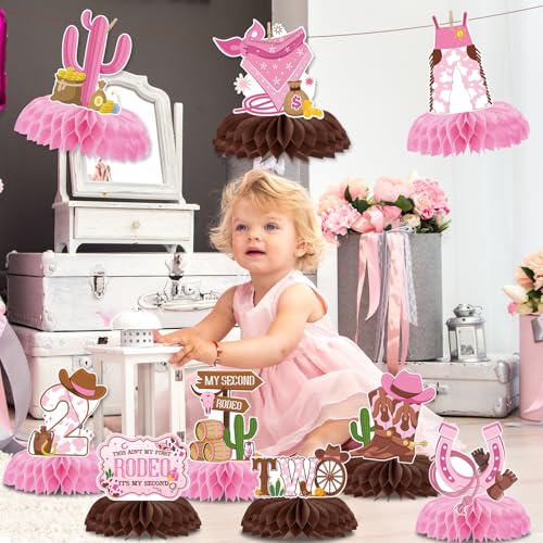 Image of This Ain't My First Rodeos It's Second 2nd Birthday Decorations | 9 Pcs Cowgirl Honeycomb Centerpieces Pink Western Two Years Old Party Supplies for Girl Photo Backdrop Table Decor