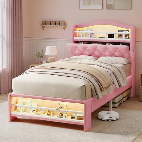 Sibeds 3ft Single Bed Frame with Storage LED Upholstered Velvet Bed with Charging Station Diamond Tufted Headboard for Kids Teens and Adults Easy Assembly Pink
