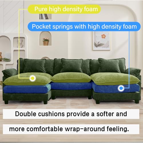 Image of Oprisen 120 inch Modular Sectional Sofa, Comfy Cloud Couch Sectional Sofa with Ottoman, Chenille Sofa Sleeper Deep Seat Sofa with Throw Pillows for Living Room (Green, 120 inch- U Shape)