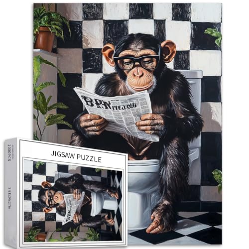 Puzzle de 1 000 pièces pour adultes - Singe assis sur les toilettes - Puzzle coloré pour la décoration de la maison, cadeaux - Puzzle familial parfait pour les soirées de jeu, 50,8 x 68,6 cm