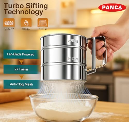 Image of PANCA Stainless Steel Flour Sifter | Hand Press Atta Chhani with Handle | Large Capacity Corrosion-Resistant Flour Sieve Cup for Baking, Sugar, Wheat, Maida & Powdered Ingredients (1 Pc, Silver)