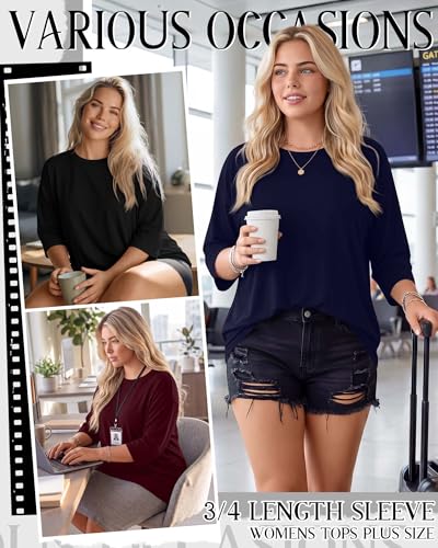 Image of Locoowai 3 Pack Women Plus Size Tops 3 /4 Sleeve Cotton Crew Neck Oversized T Shirts Loose Fit Tee Tunic Casual Blouse