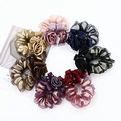 Insowni 7 Pack Sparkly Crystals Pearls Rose Flower Stretchy Lace Hair Scrunchies Ties Elastics Bands Rubber Hairbands Ponytail Holders Floral Headbands Accessories For Women Girls Thick Thin Hair #TOP7