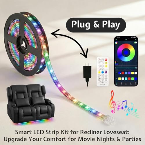 Image of Loveseat Recliner Sofa with DIY LED Lights,RV Wall Hugger Recliners for Small Spaces,Reclining Loveseat Sofa Recliner with Cup Holders /Lumbar Pillows,RV Furniture,PU Black,56 inch 2-Seater with Light