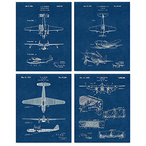 Image of Vintage Propeller Airplane Patent Prints, 4 (8x10) Unframed Photos, Wall Art Decor Gift for Home Work Office NASA Aviation Aircraft Mechanic Gears Garage College School Student Teacher Pilot Engineer