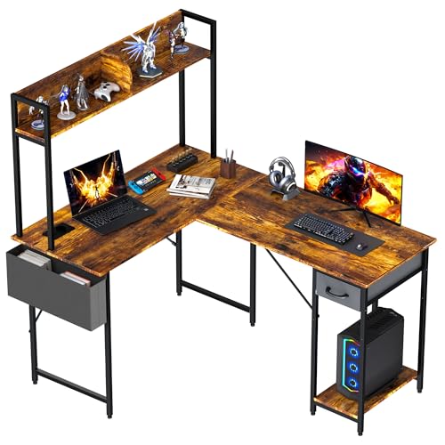 Yansee L-förmiger Schreibtisch, Gaming-Tisch Mit LED, 140×110cm Reversibel Schreibtisch L Form Mit Steckdosenleiste, Eckschreibtisch Eckschreibtisch Mit Aufsatzregal, Braun