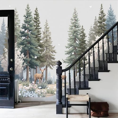 Mural para salón y cuarto infantil de bosque místico en tonos verde oscuro 5