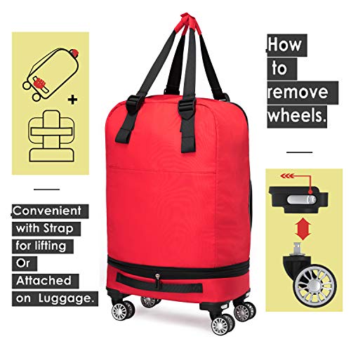 Foldable Luggage Bag with Spinner wheels，Expandable Collapsible Rolling Duffel Bag,Large Suitcase for Travel,Checked Luggage 24/28inches (2 in 1),Red
