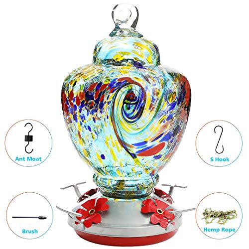 Hummingbird Feeder,Glass Bird Feeder with Color Hand Blown Glass,Leakproof 32 Ounces Nectar Capacity