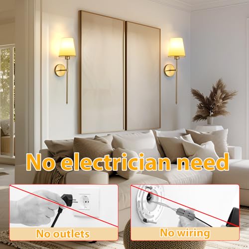 Image of LOUSACE Battery Operated Wall Sconces Set of 2, Rechargeable Wireless Wall-Mounted Sconce with Remote Control & 5200mAh Dimmable Bulbs, Gold Wall Sconces Decor Set for Bedroom Living Room Entryway