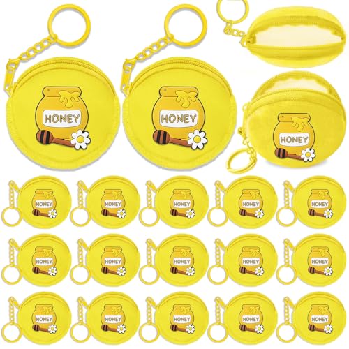 15 Pack Honey Pot Mini Coin Purses with Keyring for Bumble Bee Baby to Bee Baby Shower Gender Reveal Party Supplies,Yellow