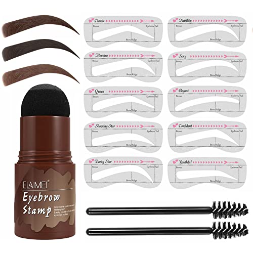 Eyebrow Stamp Stencil Kit, Waterproof Eyebrow Stamp Kit with 10 Reusable Eyebrow Stencils, 2 Eyebrow Pen Brush, Shaping Kit Eyebrow Definer for Women Girls(Medium Brown)