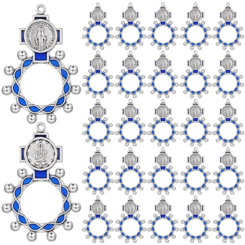 24 Pcs Finger Rosary Ring Traditional Catholic Pocket Rosary Ring Christian Medal Jewellery Crucifix Bulk Blue Keychain for Baptism Favors Prayer Accessories
