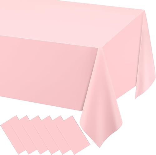 WNINK Manteles de plástico rosa claro, paquete de 6 manteles desechables de 54 x 108 pulgadas, manteles de plástico rosa pastel para fiestas,