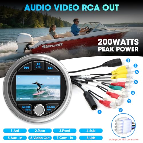 Image of Bluetooth Marine Gauge Stereo System: Waterproof Boat Radio Receiver | 2.8 Inch LCD Display Digital Multimedia MP5 Player AM FM USB AUX Subwoofer 200 Watts Output
