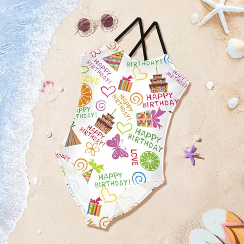susiyo Cute Happy Birthday Girls One Piece Swimsuits Quick Dry Swimwear Bathing Suit for Beach 3-10 T2
