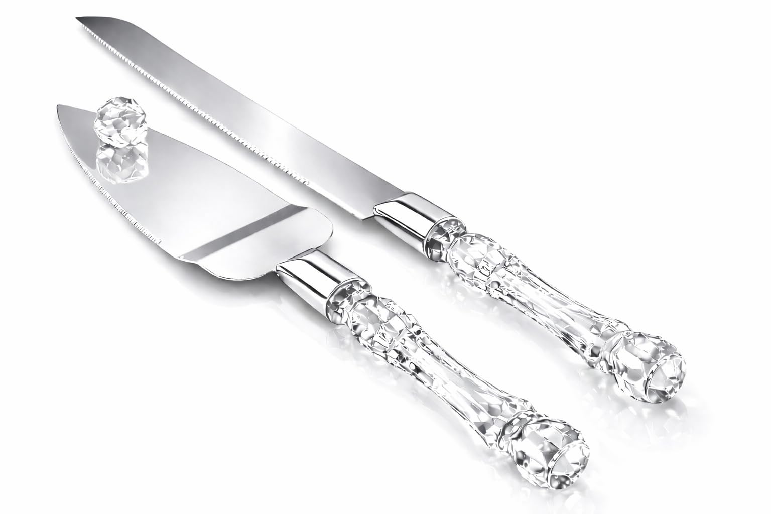 Adorox Elegant Cake Knife and Server Set Stainless Steel with Crystal Handle - Perfect for Weddings Anniversaries,and Special Celebrations (Sliver)
