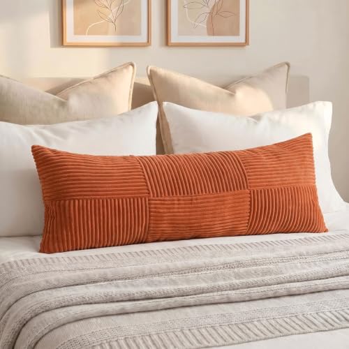 Image of Fancy Homi Set of 2 Burnt Orange Boho Long Lumbar Body Decorative Throw Pillow Cover 14x36 Inch for Bed Couch Bedroom Bench, Soft Patchwork Corduroy Textured Pillow Case, Rustic Farmhouse Room Decor