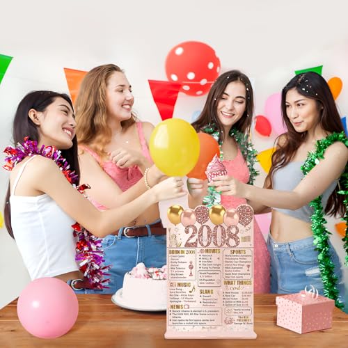 Image of Guiruiy Pink Rose Gold 18th Birthday Decorations for Girls Women, Two-Sided Vintage 18 Back in 2008 Theme Poster Acrylic Table Sign with Stand, Eighteen Years Old Bday Centerpieces Holder for Table Decor