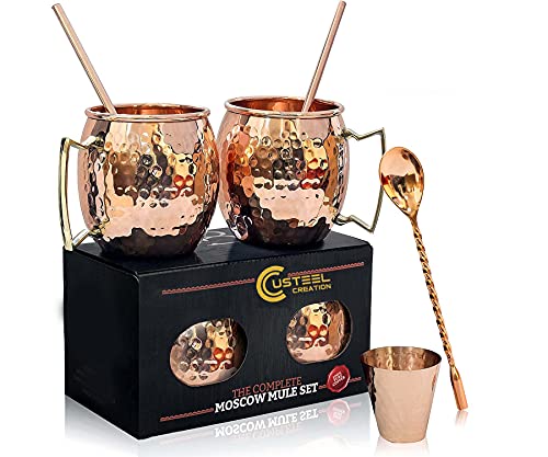Moscow Mule -Copper Mugs -Set of 2-100% HANDCRAFTED Pure Solid Copper Mugs - 16 Oz- Gift Set With Cocktail Copper Straws- Copper Shot Glass - Copper Stirrer