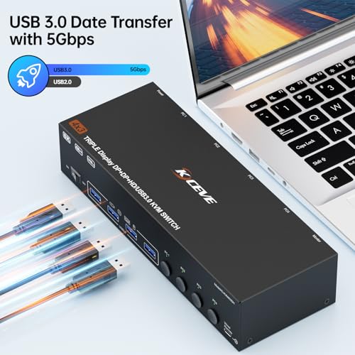 Image of 8K KVM Switch 3 Monitors 4 Computers HDMI+2DP 4USB3.0 for USB Gear | USB3.0 KVM 4 PC Share Triple Monitors, Supports Extended & Copy Mode, Ideal for Home, Office & Programmers