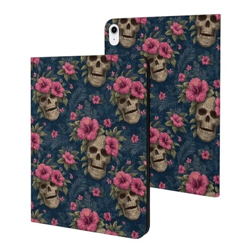 Housse iPad 11 2025 rose hawaïen et crâne avec mise en veille
