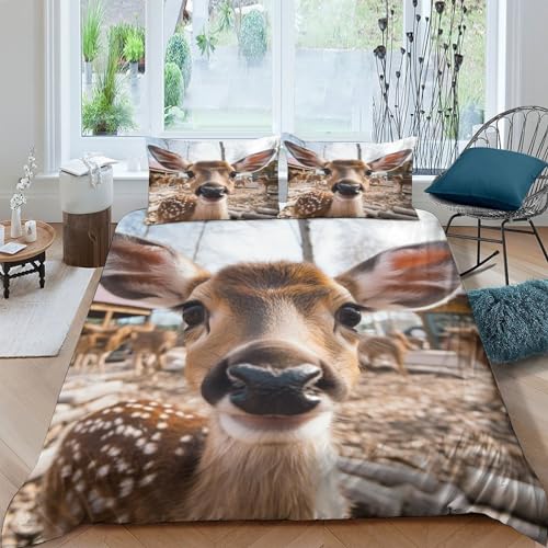 VerimP Conjunto de cama adorável com estampa em 3D irmã cervo, capa de edredom, capa de edredom com