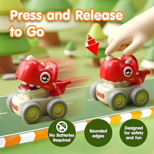Image of Kidology Dinosaur Cars Set of 4 with Whistle Music for Toddlers, Friction-Powered Dino Cars, Mini Press & Go Vehicles, Montessori Educational Toy for Boys & Girls, Multicolor